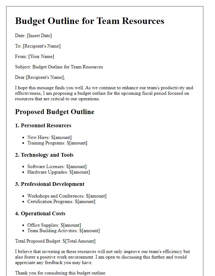 Letter template of budget outline for team resources