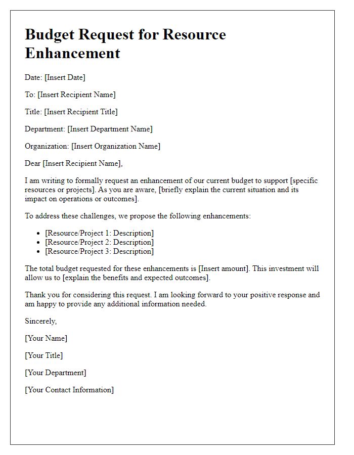 Letter template of budget request for resource enhancement