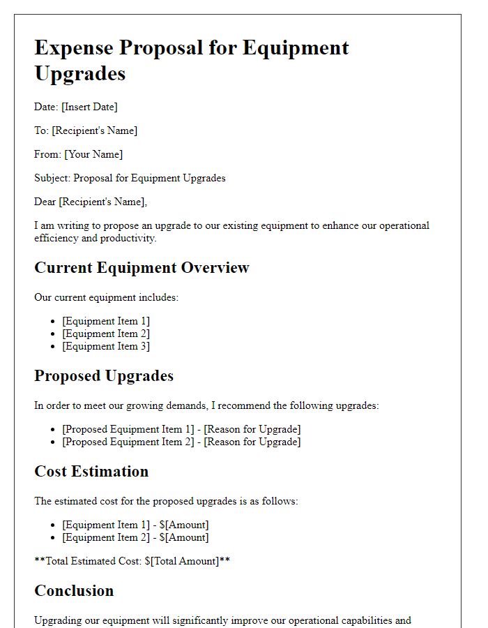 Letter template of expense proposal for equipment upgrades