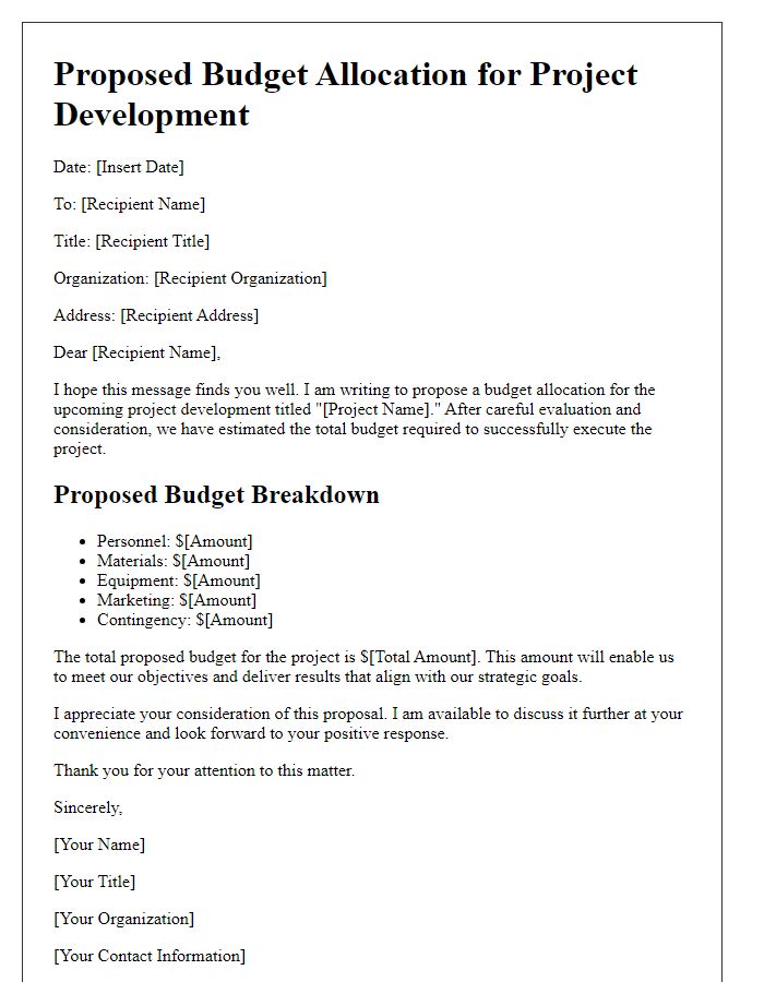 Letter template of proposed budget allocation for project development