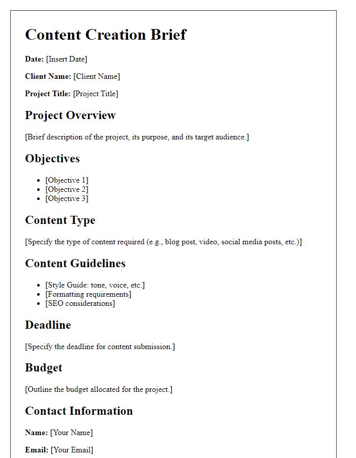 Letter template of content creation brief