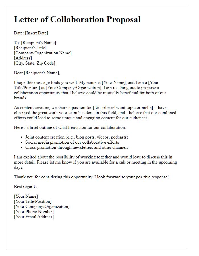 Letter template of content creation collaboration