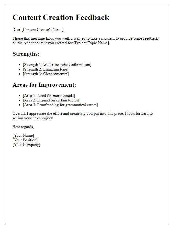 Letter template of content creation feedback