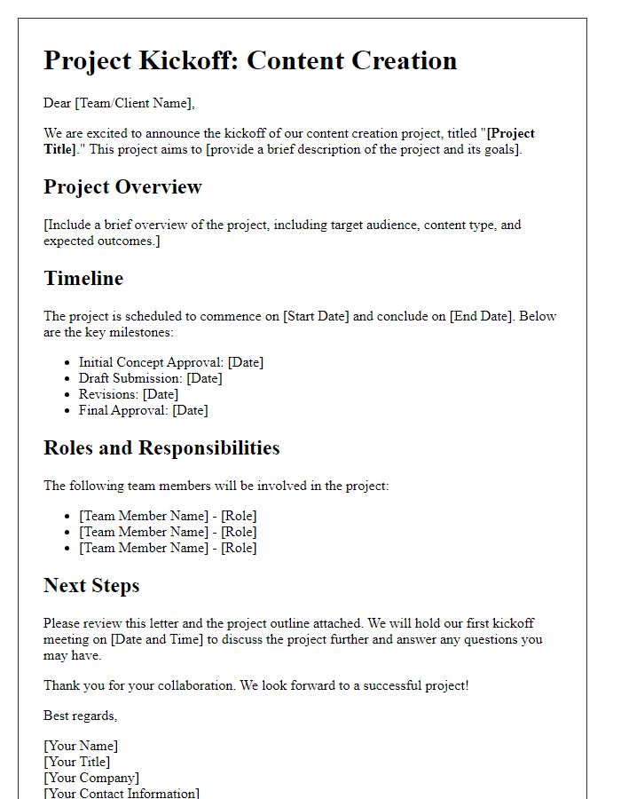 Letter template of content creation project kickoff