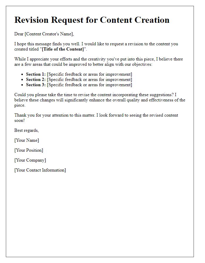 Letter template of content creation revision request