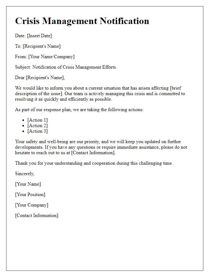 Letter template of crisis management notification