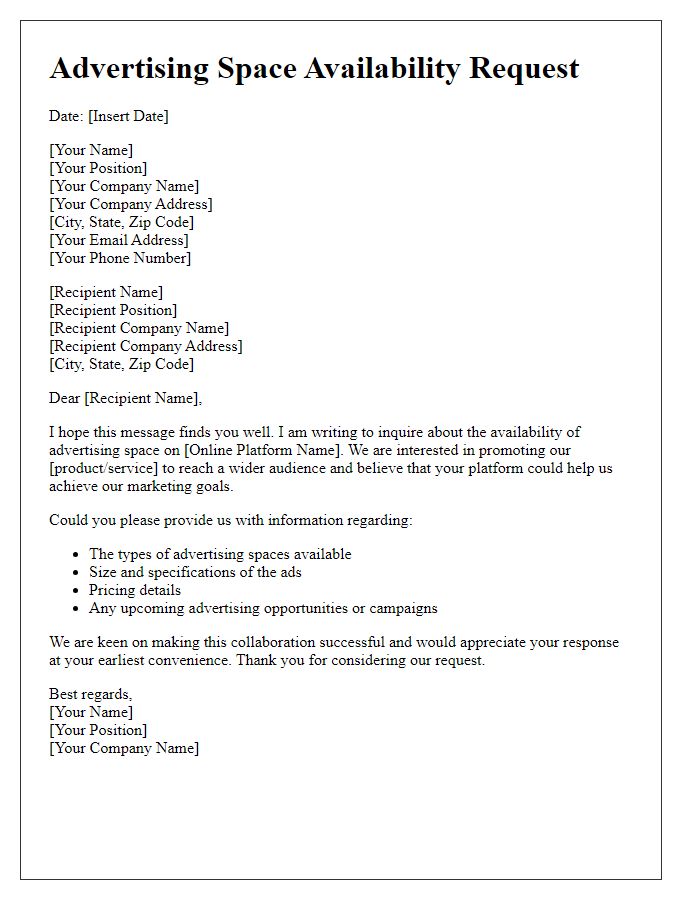 Letter template of Advertising Space Availability Request for Online Platform