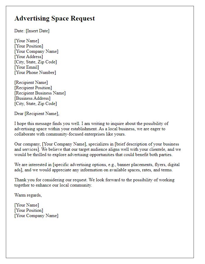 Letter template of Advertising Space Request for Local Business