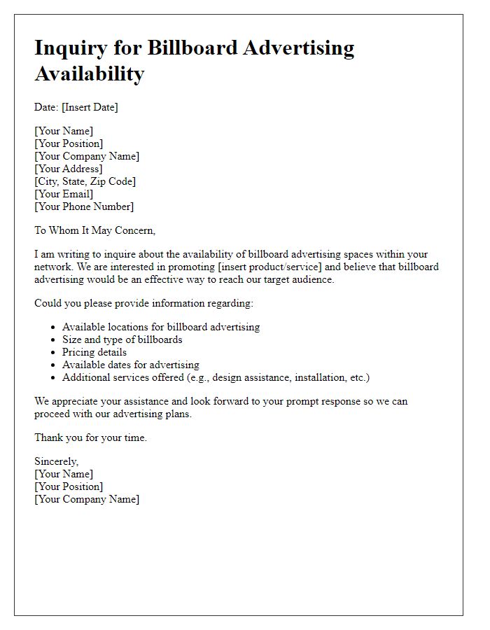 Letter template of Inquiry for Billboard Advertising Availability