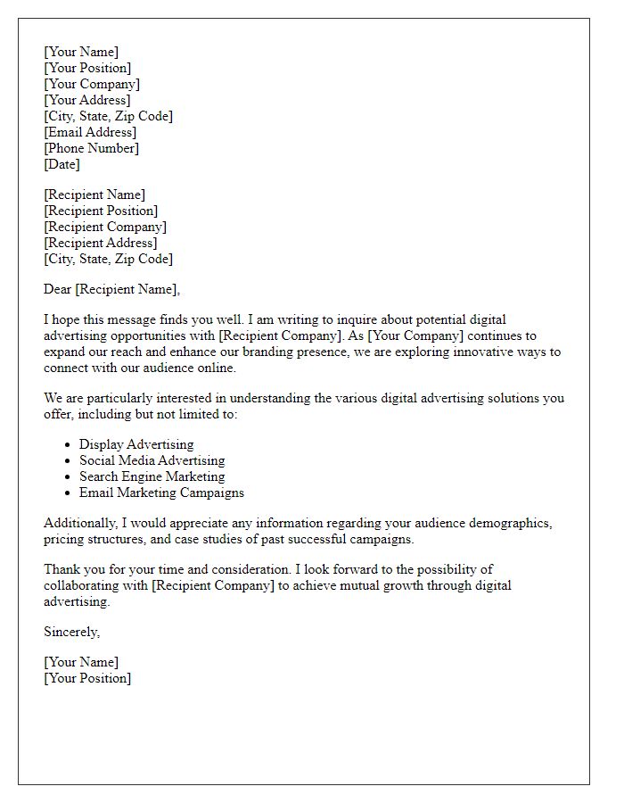 Letter template of Inquiry for Digital Advertising Opportunities