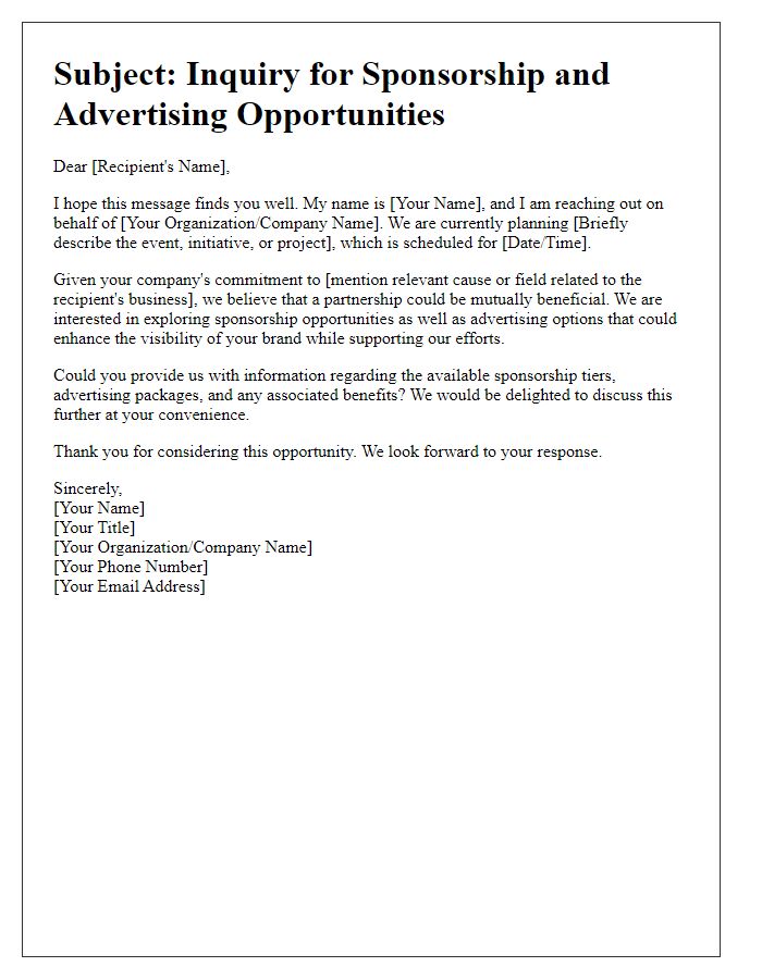 Letter template of Inquiry for Sponsorship and Advertising Options