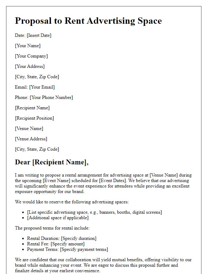 Letter template of Proposal to Rent Advertising Space in Event Venue