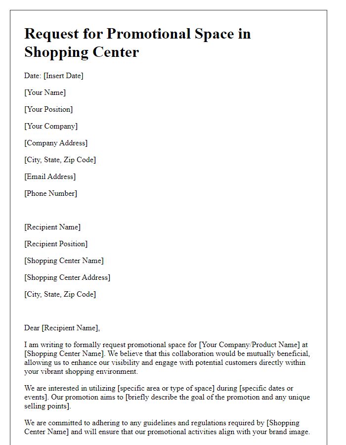 Letter template of Request for Promotional Space in Shopping Center