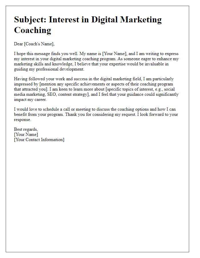 Letter template of interest in digital marketing coaching