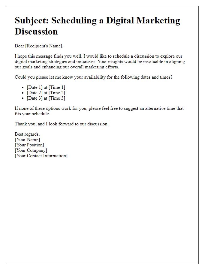 Letter template of scheduling a digital marketing discussion