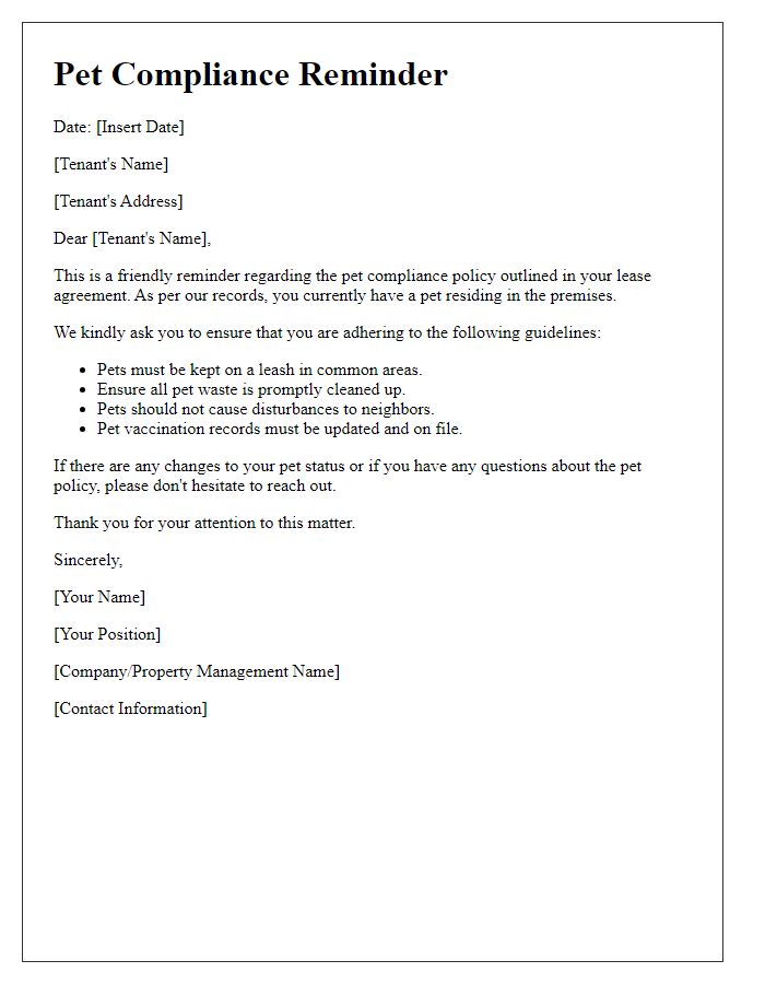 Letter template of pet compliance reminder for tenant