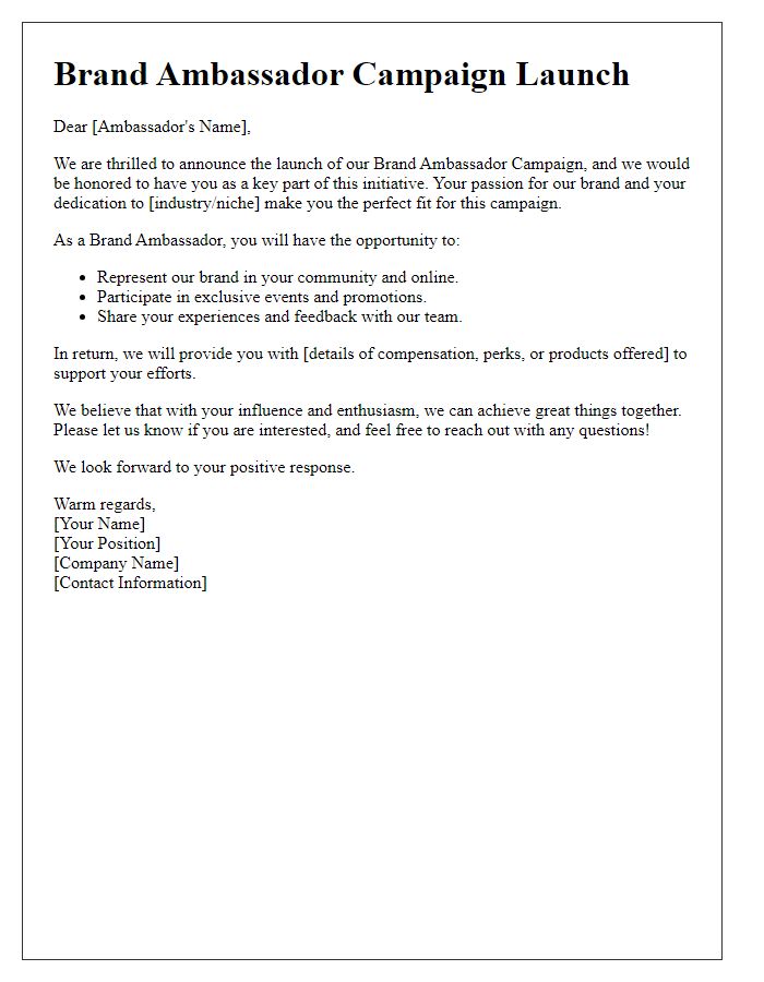 Letter template of brand ambassador campaign launch