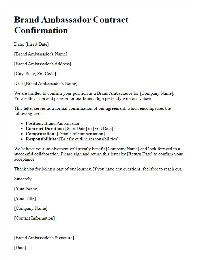 Letter template of brand ambassador contract confirmation