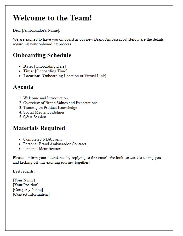 Letter template of brand ambassador onboarding details