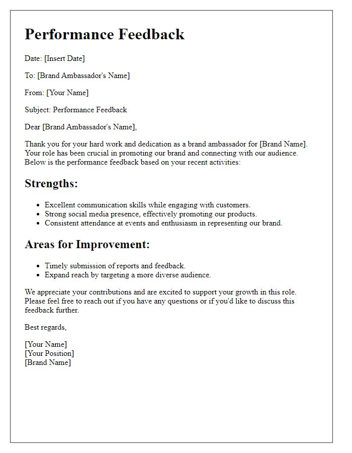 Letter template of brand ambassador performance feedback