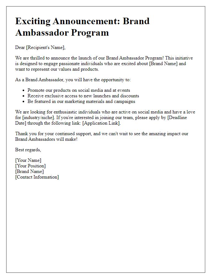 Letter template of brand ambassador program announcement