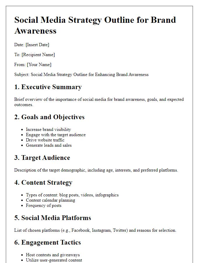 Letter template of social media strategy outline for brand awareness.