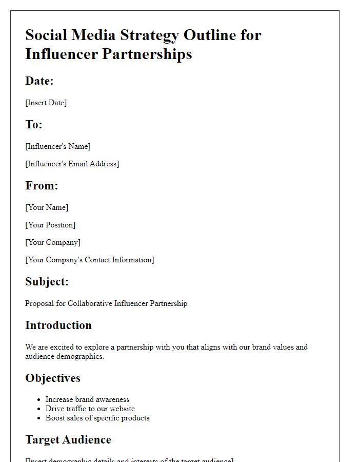 Letter template of social media strategy outline for influencer partnerships.