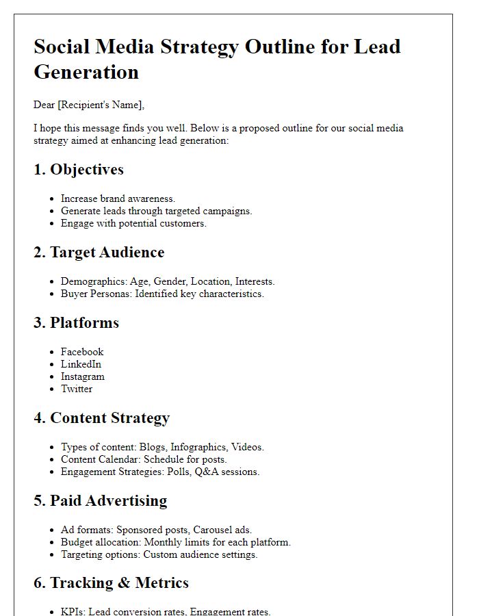 Letter template of social media strategy outline for lead generation.