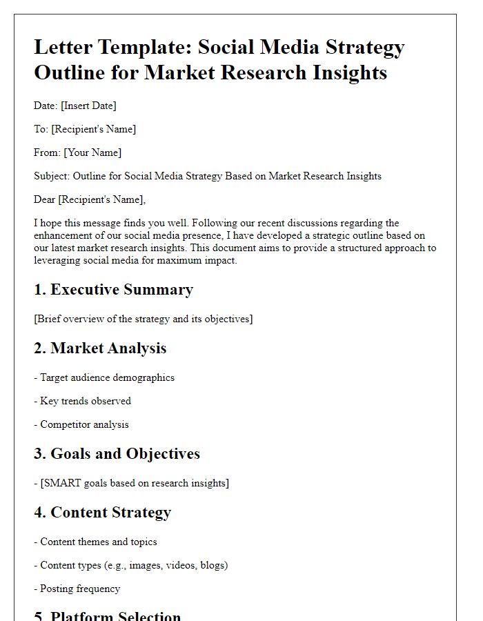 Letter template of social media strategy outline for market research insights.