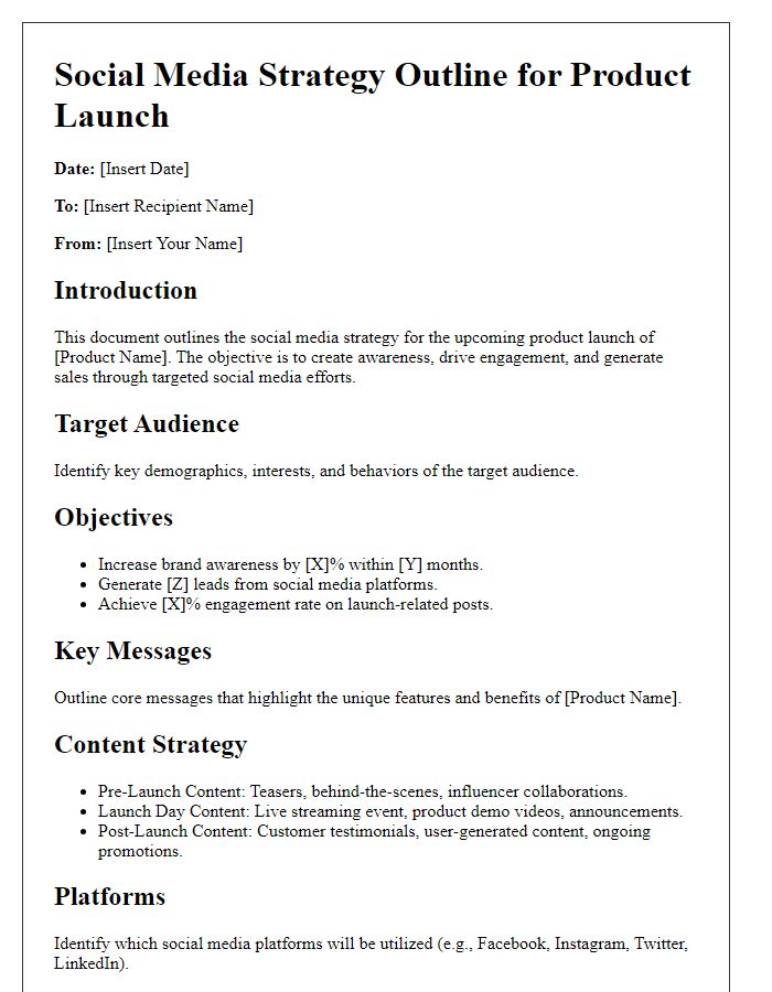 Letter template of social media strategy outline for product launches.