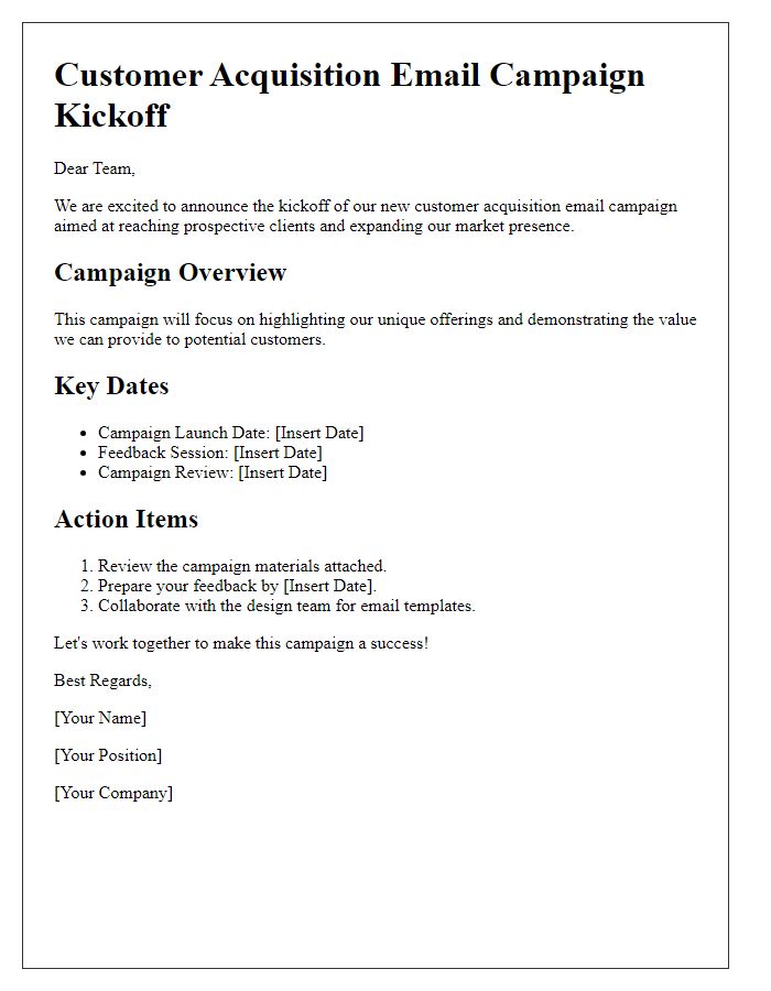 Letter template of customer acquisition email campaign kickoff