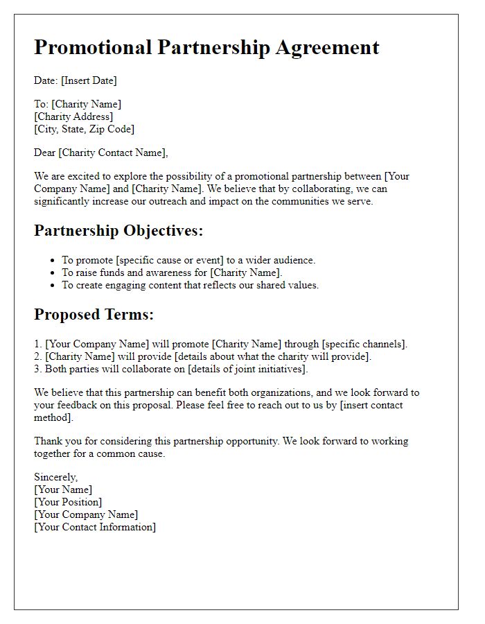 Letter template of promotional partnership agreement for charities.