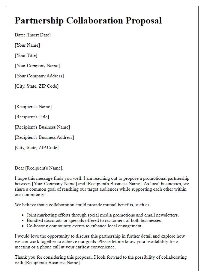 Letter template of promotional partnership collaboration for local businesses.