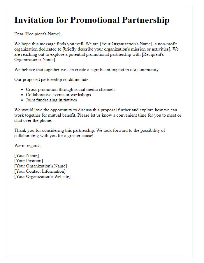 Letter template of promotional partnership invitation for non-profits.