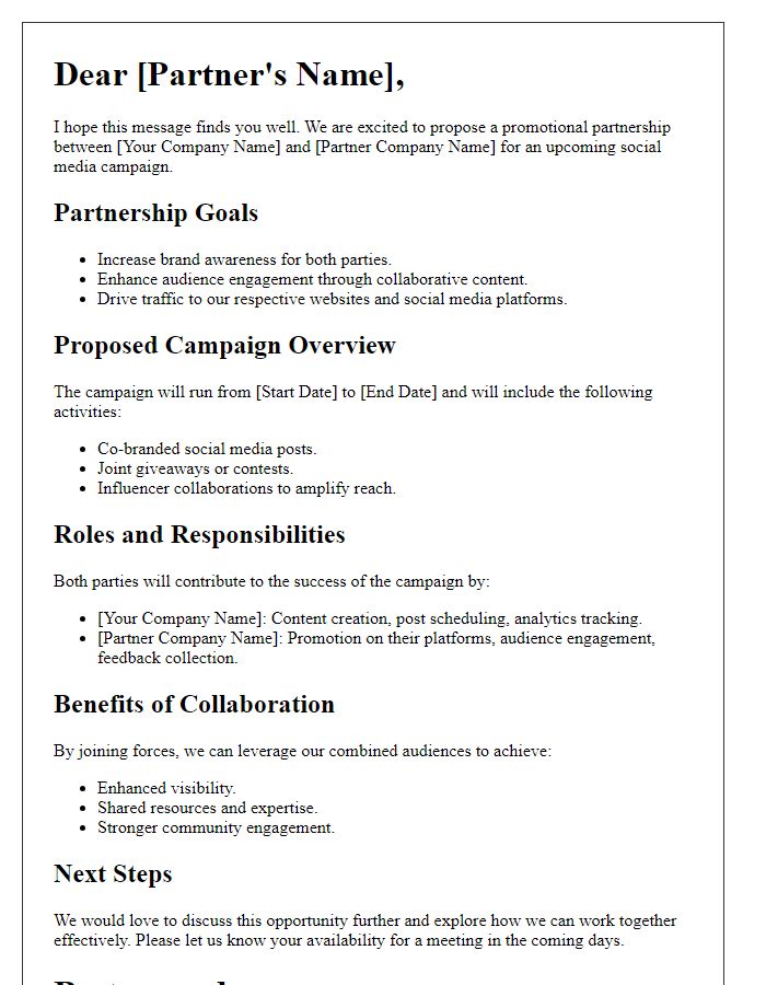 Letter template of promotional partnership outline for social media campaigns.