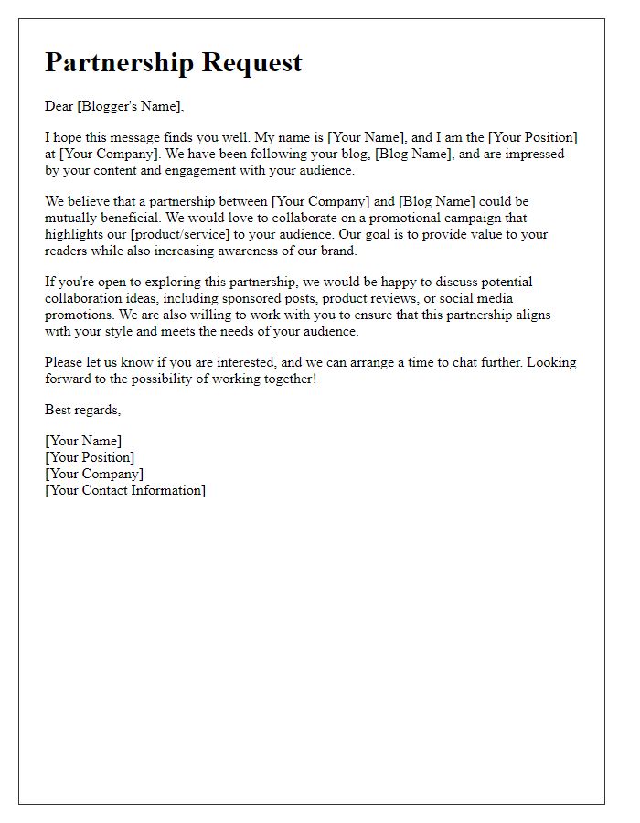 Letter template of promotional partnership request for bloggers.