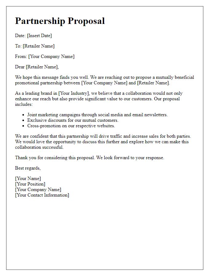 Letter template of promotional partnership suggestion for online retailers.