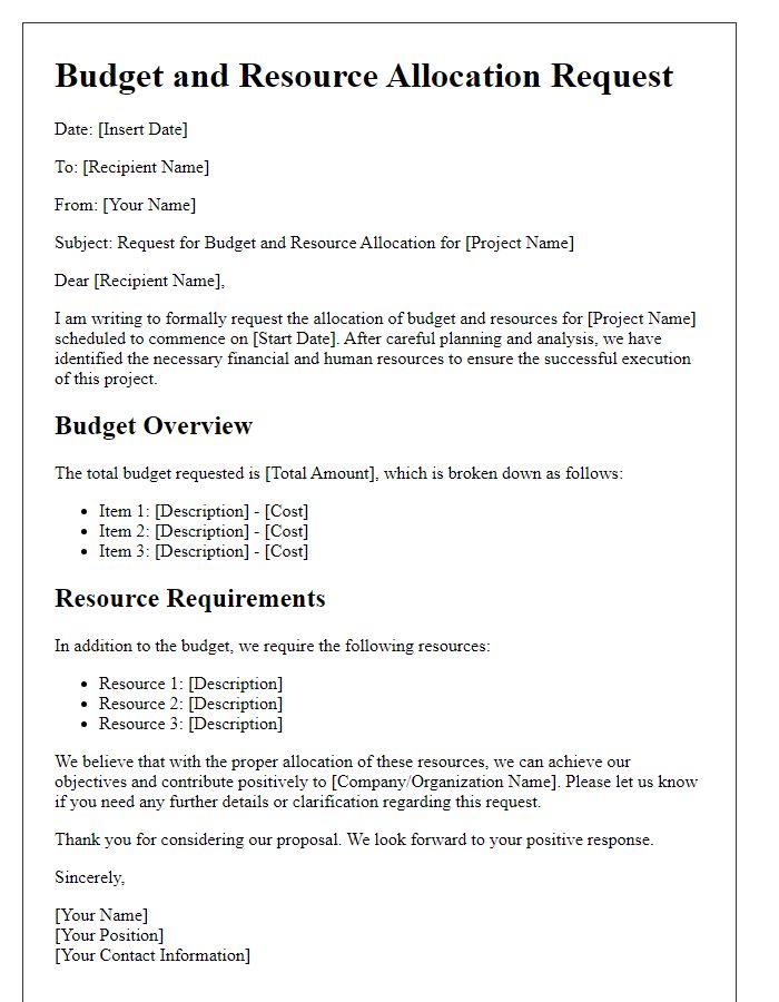 Letter template of budget and resource allocation