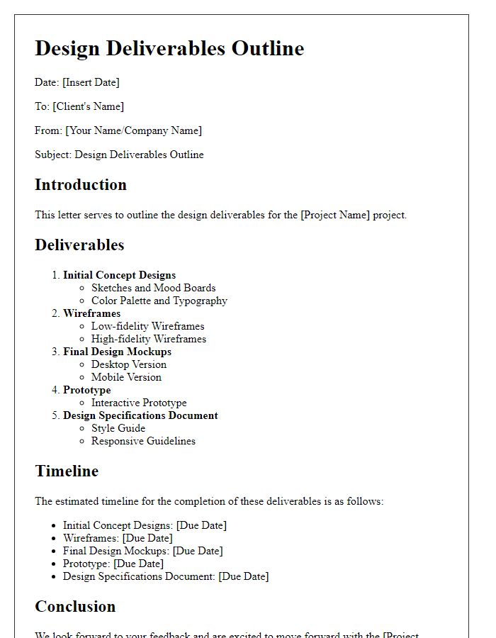 Letter template of design deliverables outline