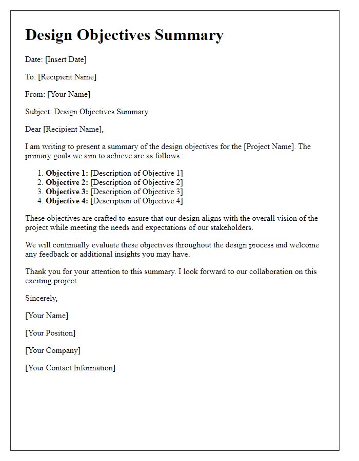 Letter template of design objectives summary