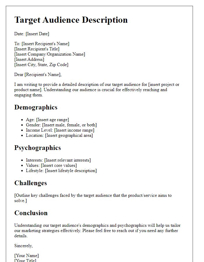 Letter template of target audience description