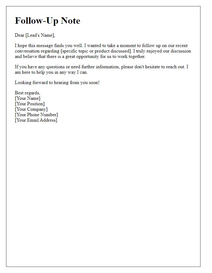 Letter template of follow-up note for lead relationship building