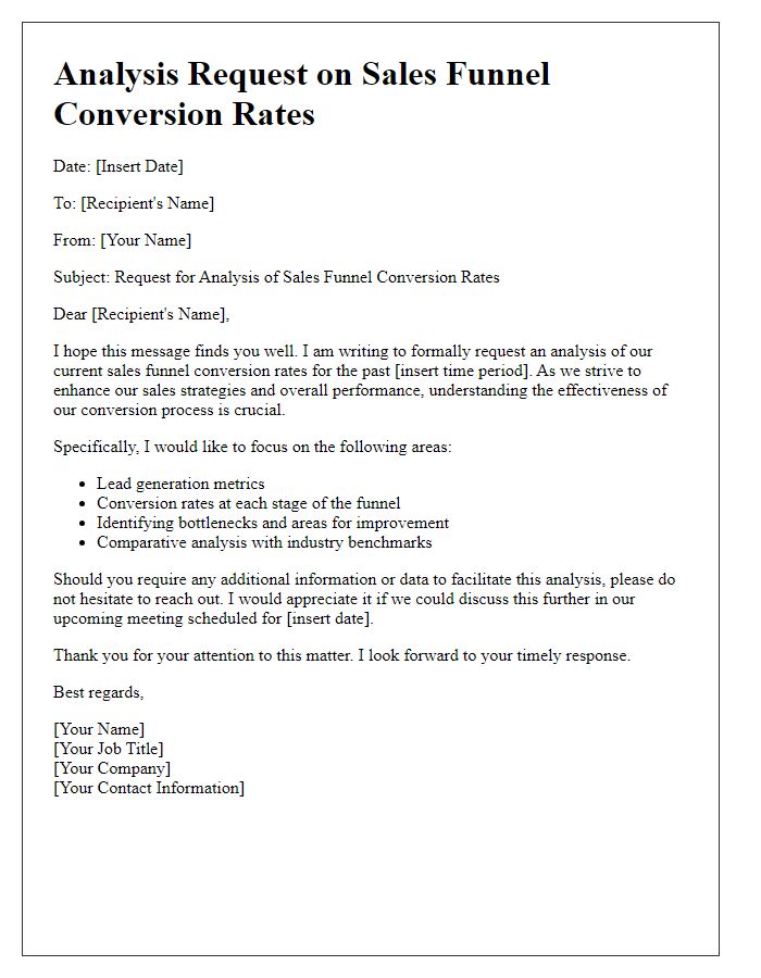 Letter template of analysis request on sales funnel conversion rates.