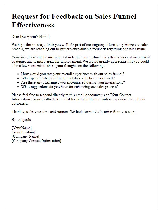 Letter template of feedback request for sales funnel effectiveness evaluation.