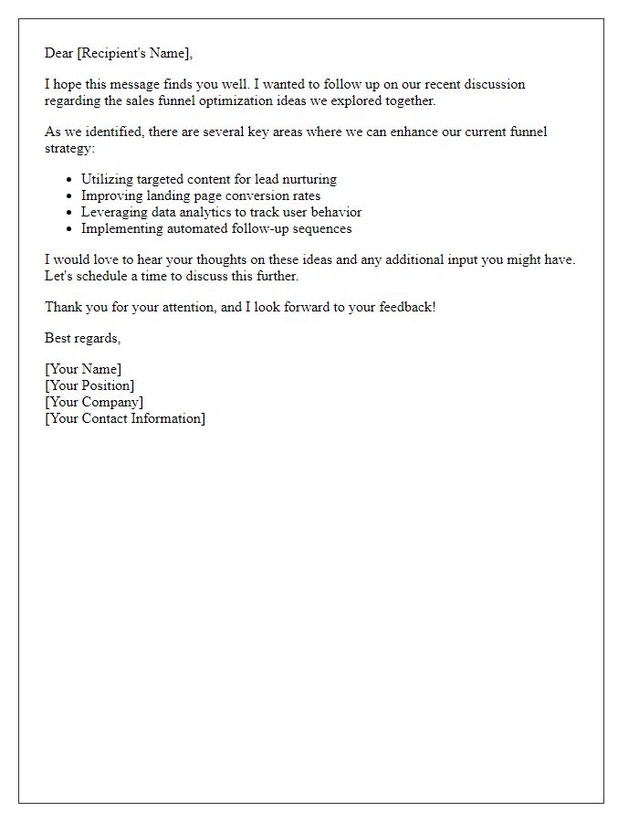 Letter template of follow-up on sales funnel optimization ideas.