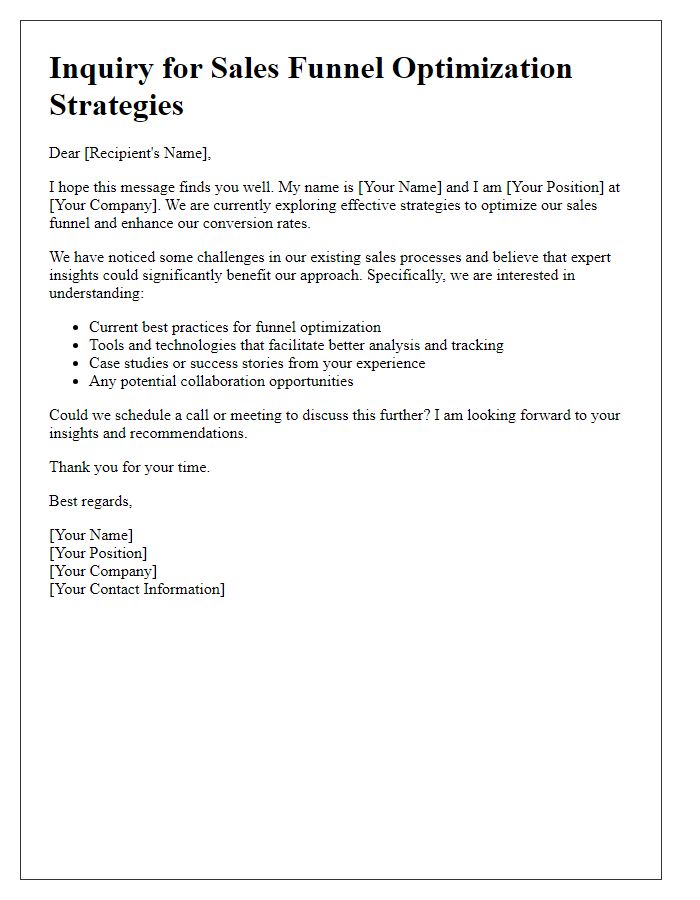 Letter template of inquiry for sales funnel optimization strategies.