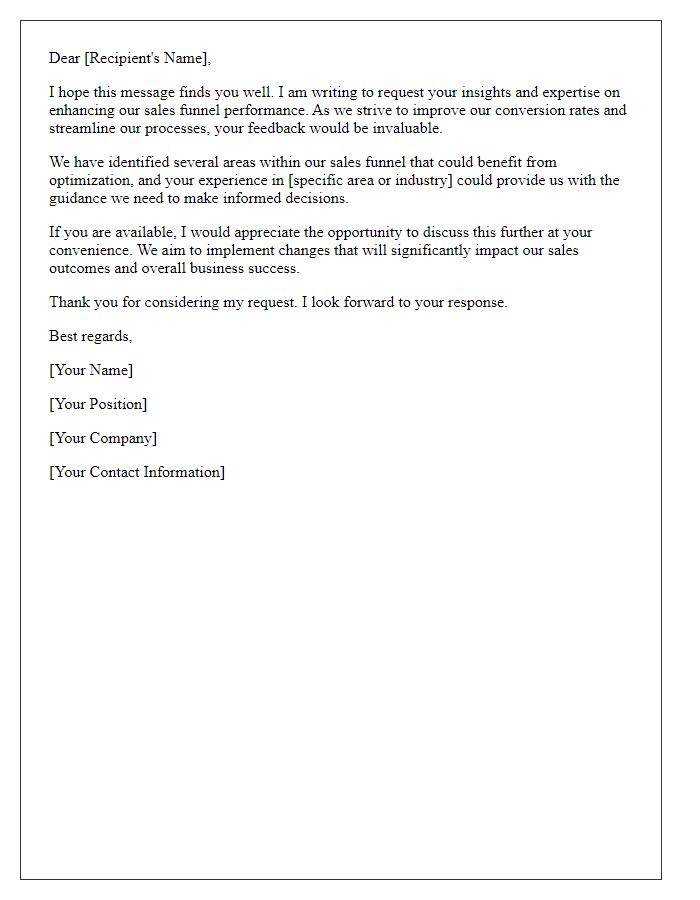 Letter template of request for insights on enhancing sales funnel performance.