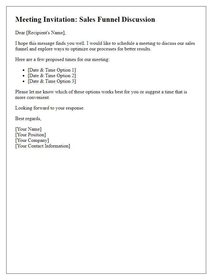 Letter template of scheduling a meeting for sales funnel discussion.