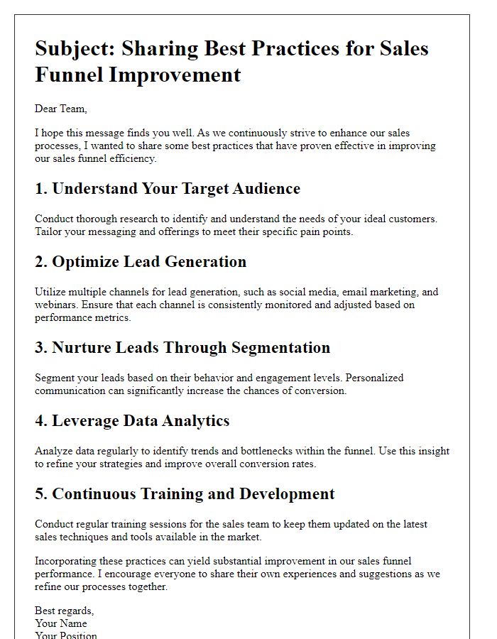 Letter template of sharing best practices for sales funnel improvement.