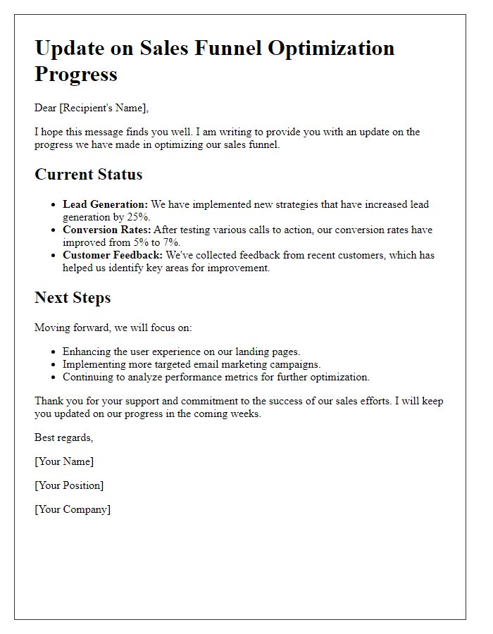 Letter template of update on sales funnel optimization progress.